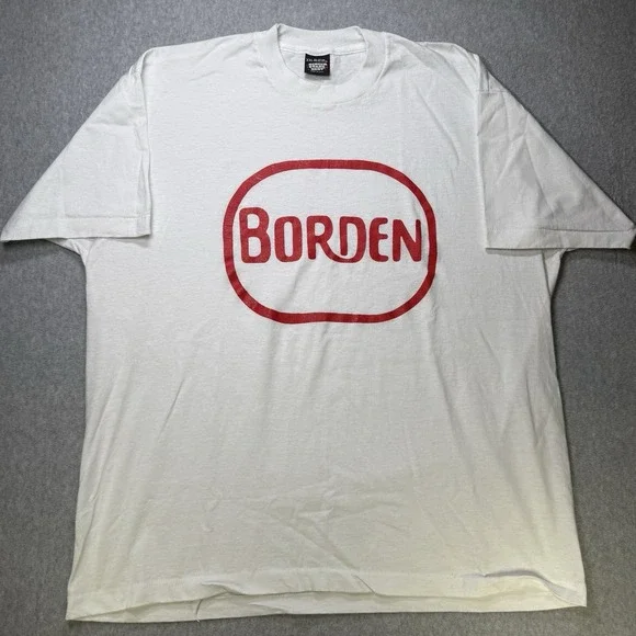 Vintage 90s Borden Logo Single Stitch T-Shirt XXL White Red Made USA - Picture 1 of 8